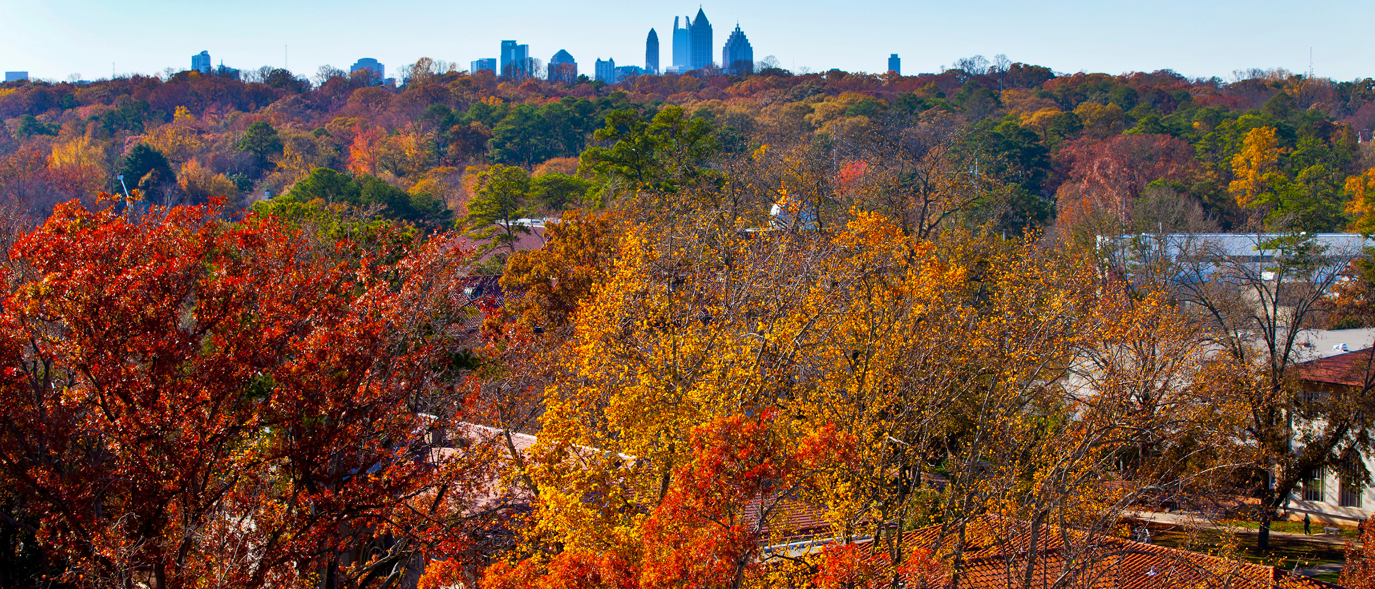 Fall on Emory campus with Atlanta in background