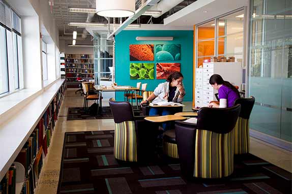 students in colorful study area in the library